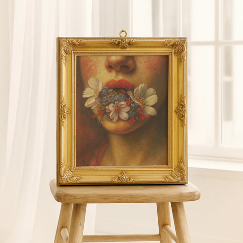 Renaissance style fine art print featuring a woman's lower face with parted coral lips from which delicate white cosmos flowers and botanical elements emerge, painted in warm amber and golden tones with classical oil painting technique, perfect for dark academia gothic home decor and vintage botanical wall art collections.